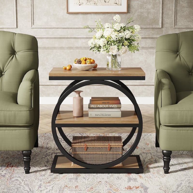 23.62 Inches Brown Wooden End Table with Geometric Base for Living Room, Industrial Nightstand for Bedroom