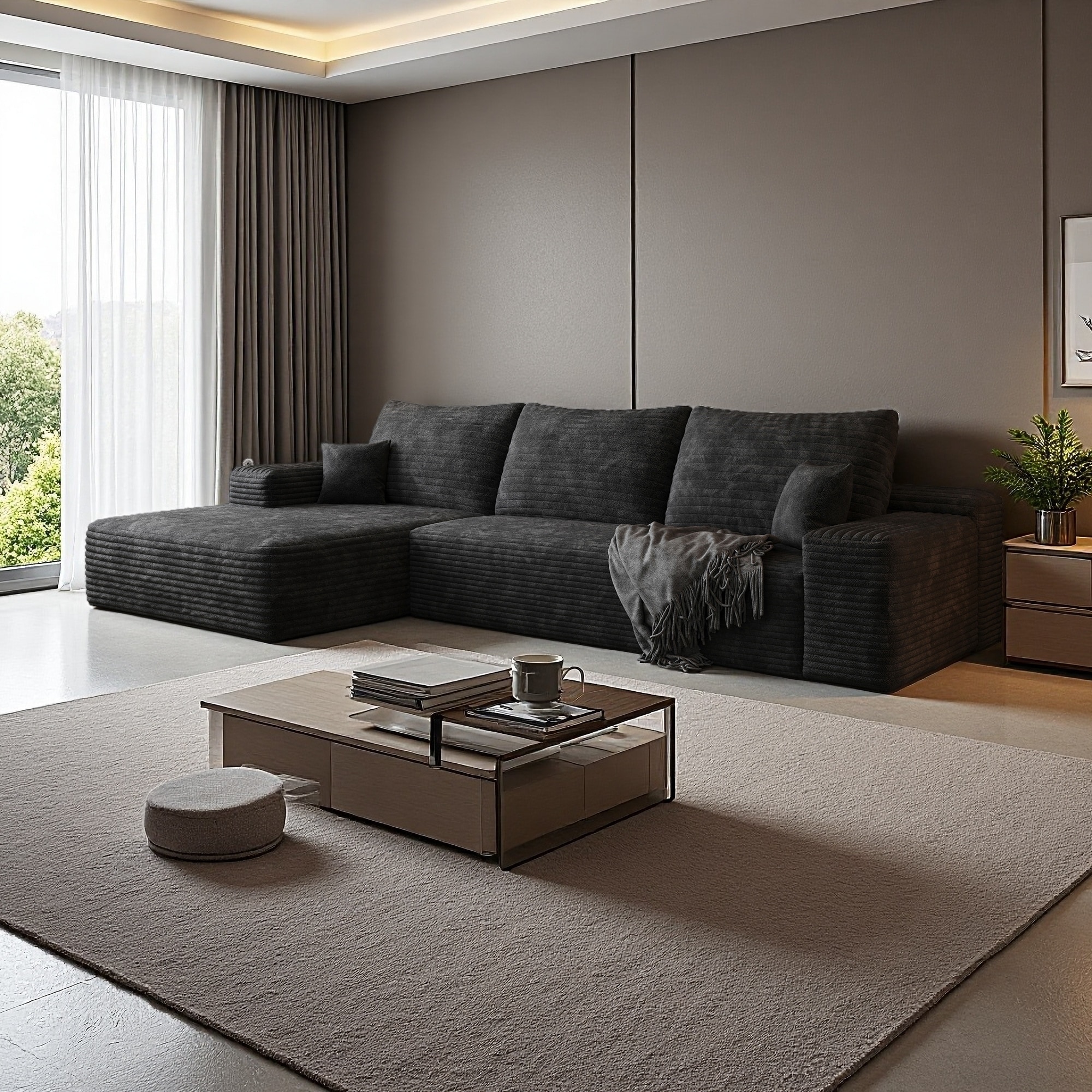 107" Corduroy L-Shaped 3-Seat Sectional Sofa with Chaise, No Assembly