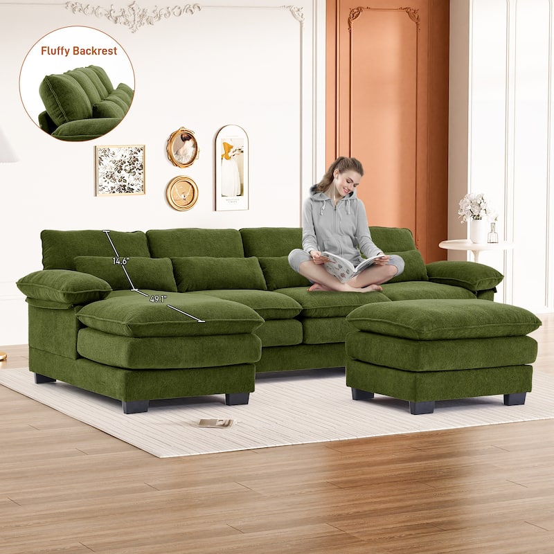Ouyessir Soft Chenille Fabric U-shaped Sectional Sofa Set with Doudle Layer Cushion