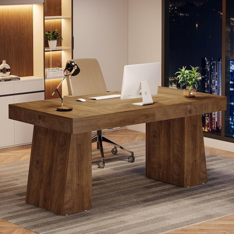 55 Inches Brown Wood Large Executive Desk for Home Office