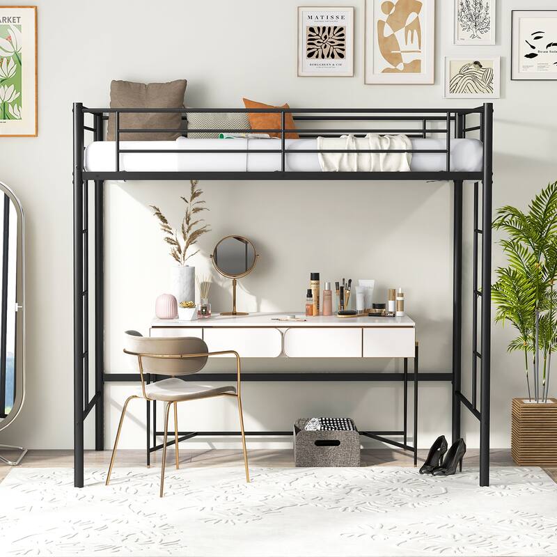 Gymax Metal Twin Loft Bed Space-saving Loft Bed Frame w/ Full-length