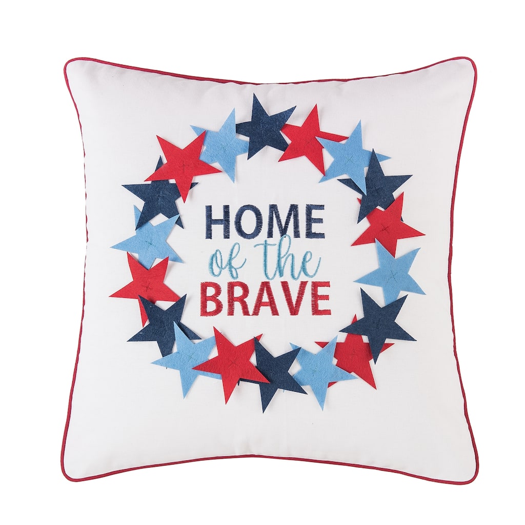 Patriotic "Home Of The Brave" Wreath Pattern Applique Accent Throw Pillow, 18" x 18"