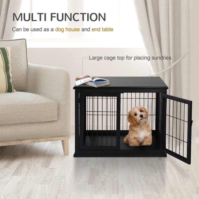 Cute Dog Crate Dog House Small Dog Cage End Table with Two Opening Sides Lockable Door Puppy Kennel Indoor