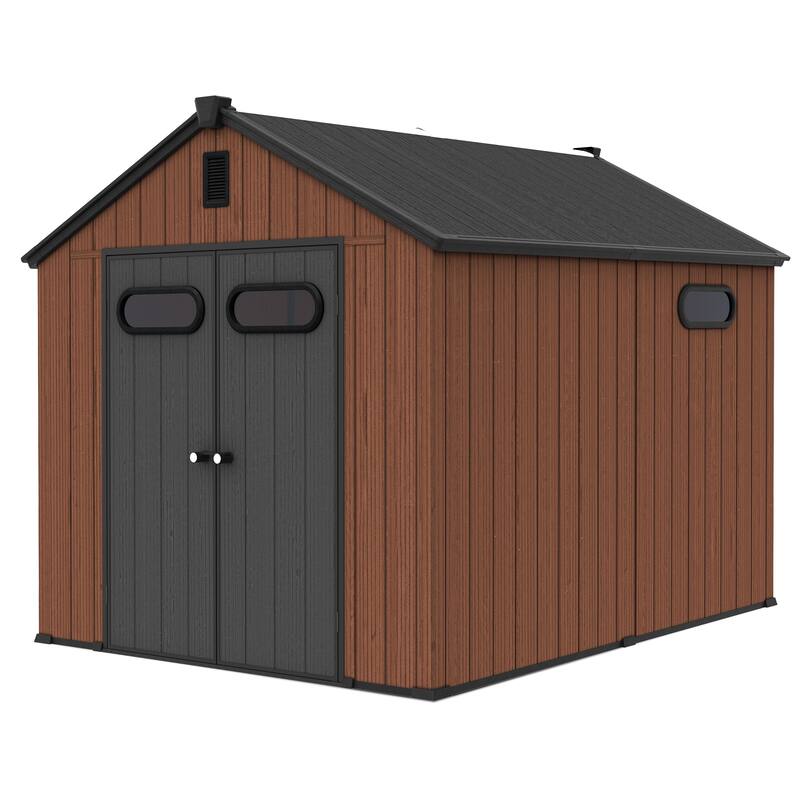 8X10 FT All-Weather Waterproof Plastc Outdoor Resin Storage Shed Windows Lockable Door with Floor for Patio Furniture and Tools - 8X10FT - Brown