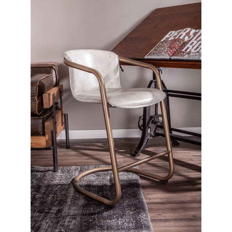 World Interiors Set of 2 Distressed Leather Counter-Height Chairs - Set of 2 - Vintage White - Counter Height