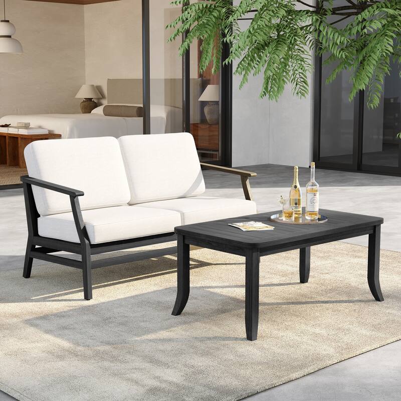 Outdoor Loveseat Sofa with Coffee Table Teak Wood Patio Furniture - BlackFrame-Beige