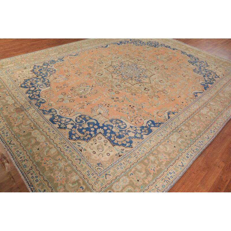 Floral Orange Mashad Persian Area Rug Hand-Knotted Wool Carpet - 9'7"x 12'7"