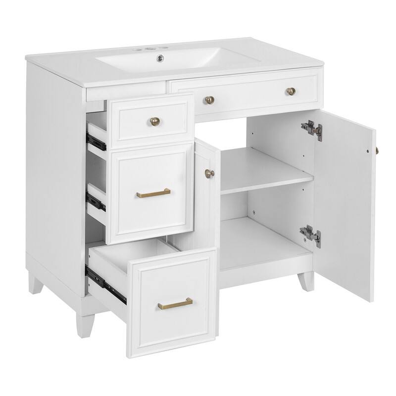Transitional Style 36-inch Bathroom Vanity with Ceramic Sink, 2 Soft-Close Doors Freestanding Cabinet with 2 Drawers