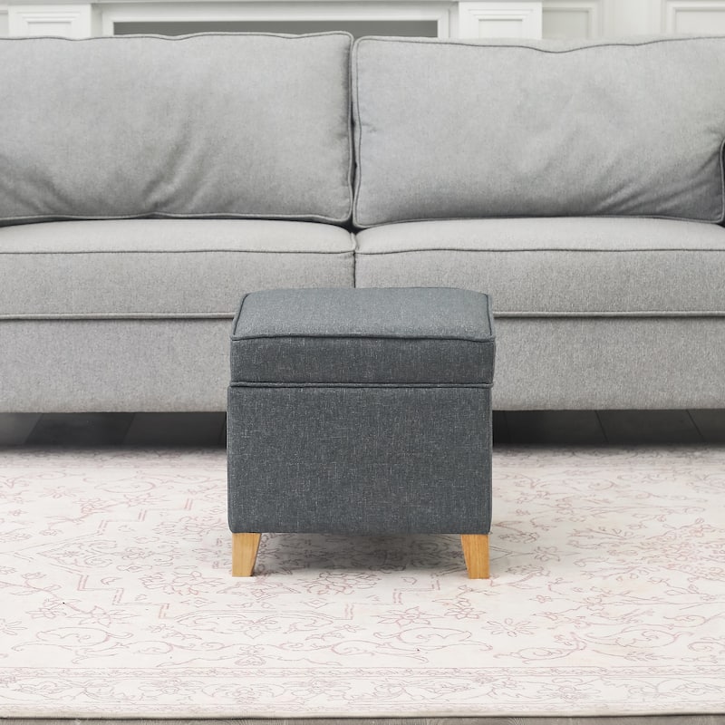 Adeco Square Storage Ottoman 17 inch Footstool - Grey-with-Natural-Legs-Linen
