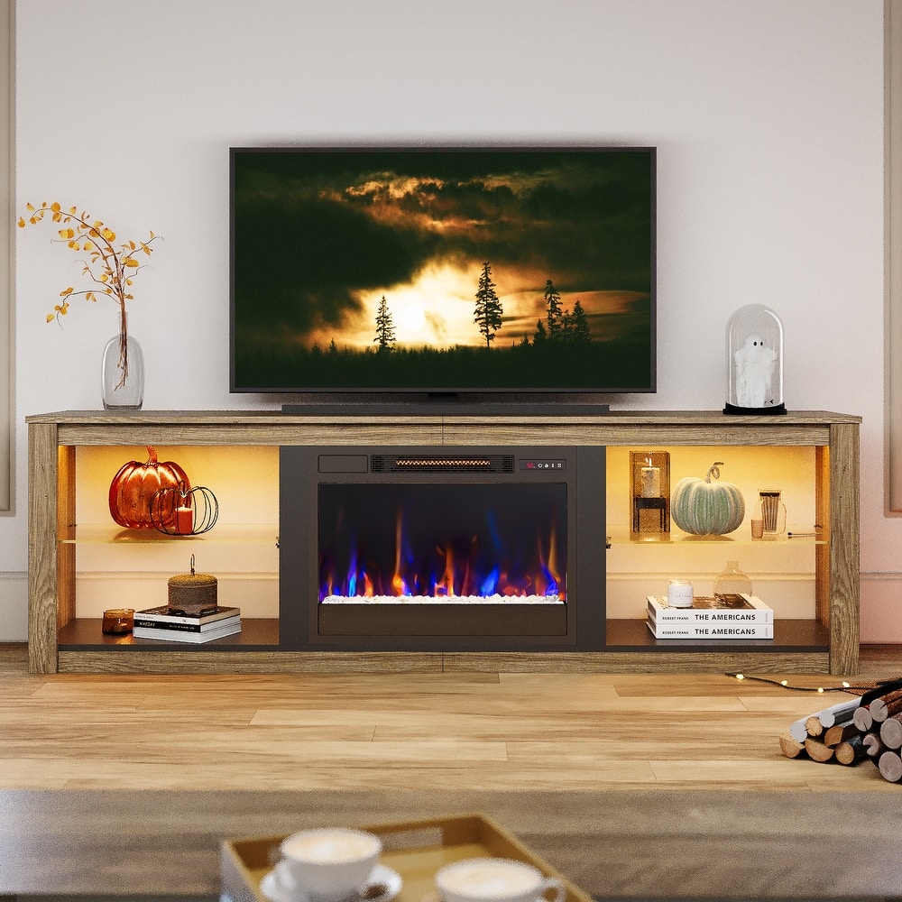 Bestier 70 Inch Fireplace TV Stand for TV up to 75", LED Entertainment Center with 23" Electric Fireplace and Glass Shelves