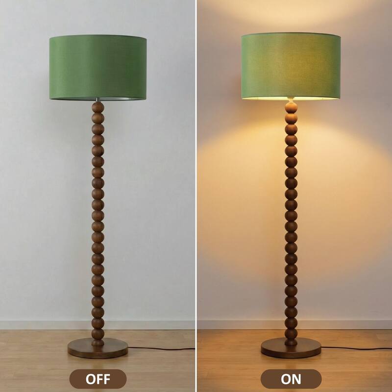 61" Wooden Beaded Floor Lamp, Retro Walnut Finish Standing Lamp with Linen Shade, Rubberwood Base for Living Room, Bedroom