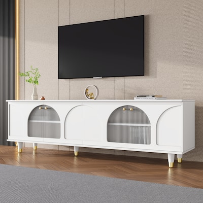 Stylish Media Console TV Stand with Adjustable Shelves, Gold Handles & Arch Fluted Glass, Fits TVs Up to 78''