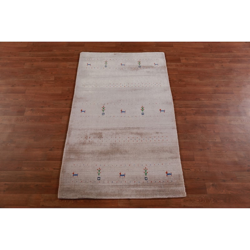 Hand Knotted Oriental 100% Wool Carpet Tribal Animal Pictorial Beige & Ivories Gabbeh Area Rug - 5' 0'' X 3' 0''