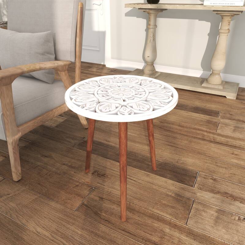 Mango Wood Handmade Intricately Carved Floral Accent Table with Tripod Legs - Dark Brown, White, Brown