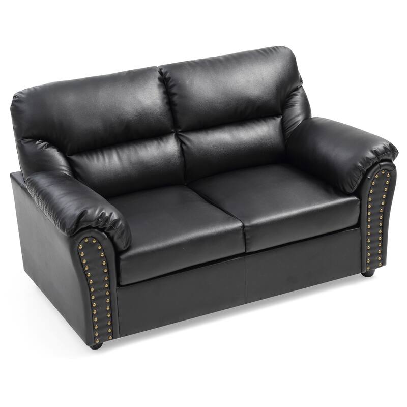 Flared Arm Faux Leather Straight Sofa with Nailhead Trim - 60" - Black