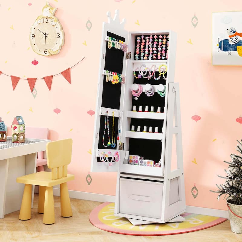 Costway Kids Jewelry Cabinet with Full-Length Mirror Foldable Drawer - See Details - White