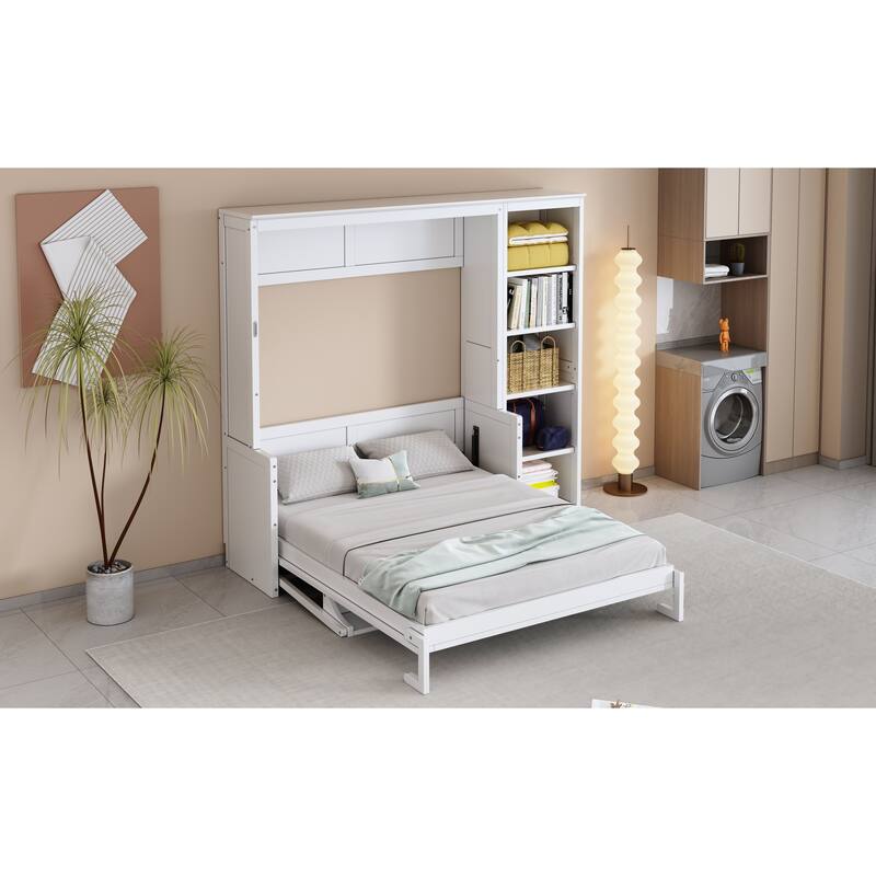 Space-Saving Full Size Murphy Bed with Integrated Desk and Bookshelf in White