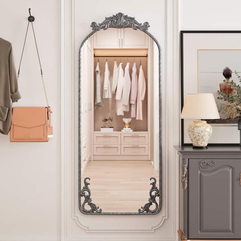 58"x24" Arched Full Body Mirror with Ornate Carved Applique on Top and Bottom,Hanging Wall Mounted Mirror,Retro Decor Mirror - Antique Silver