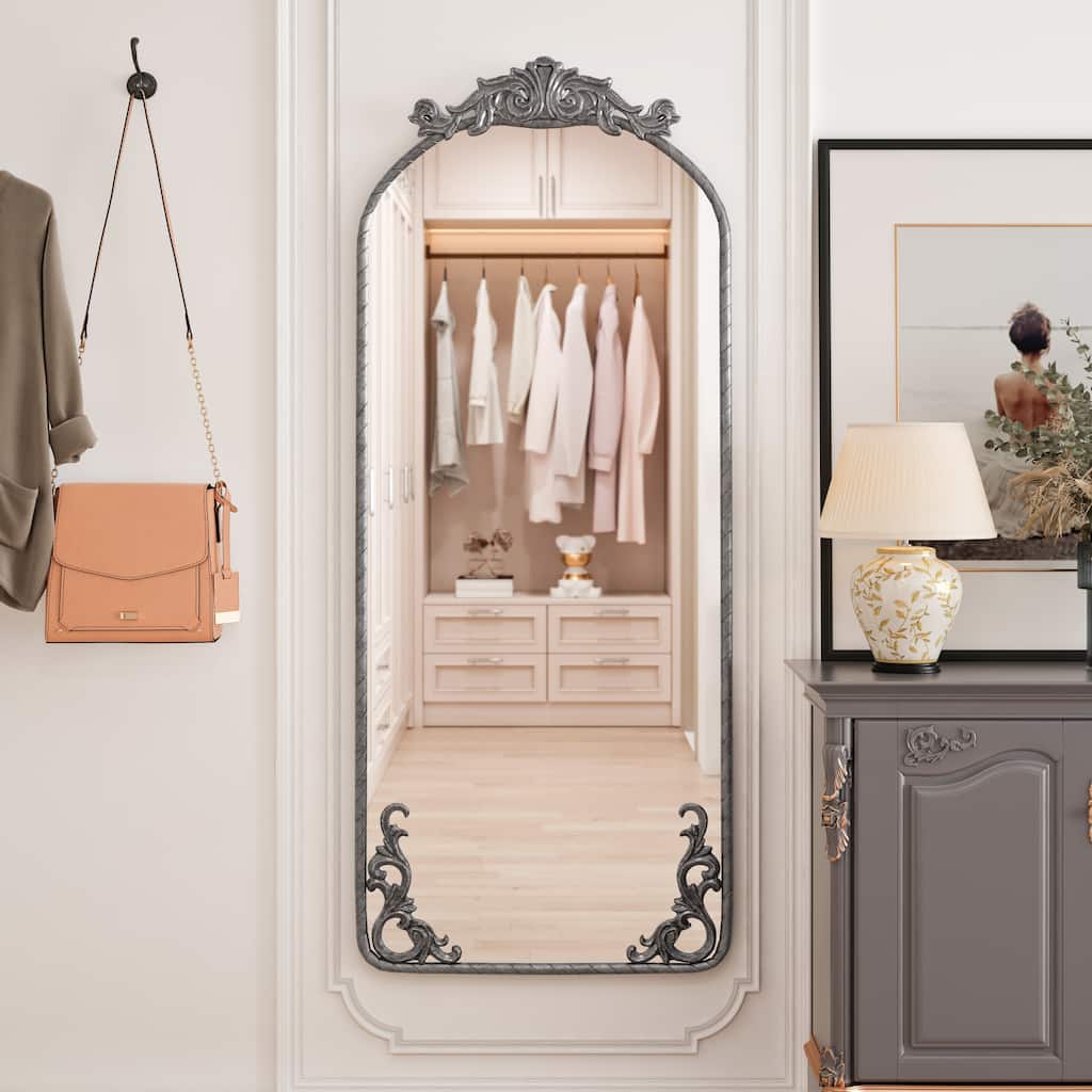 58"x24" Arched Full Body Mirror with Vintage Ornate Carved Applique on Top and Bottom, Hanging Wall Mounted Mirror