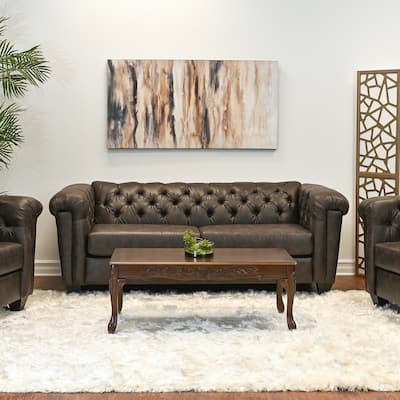 Roundhill Furniture Horton Faux Leather Chesterfield Sofa, Ridgeline Brownie