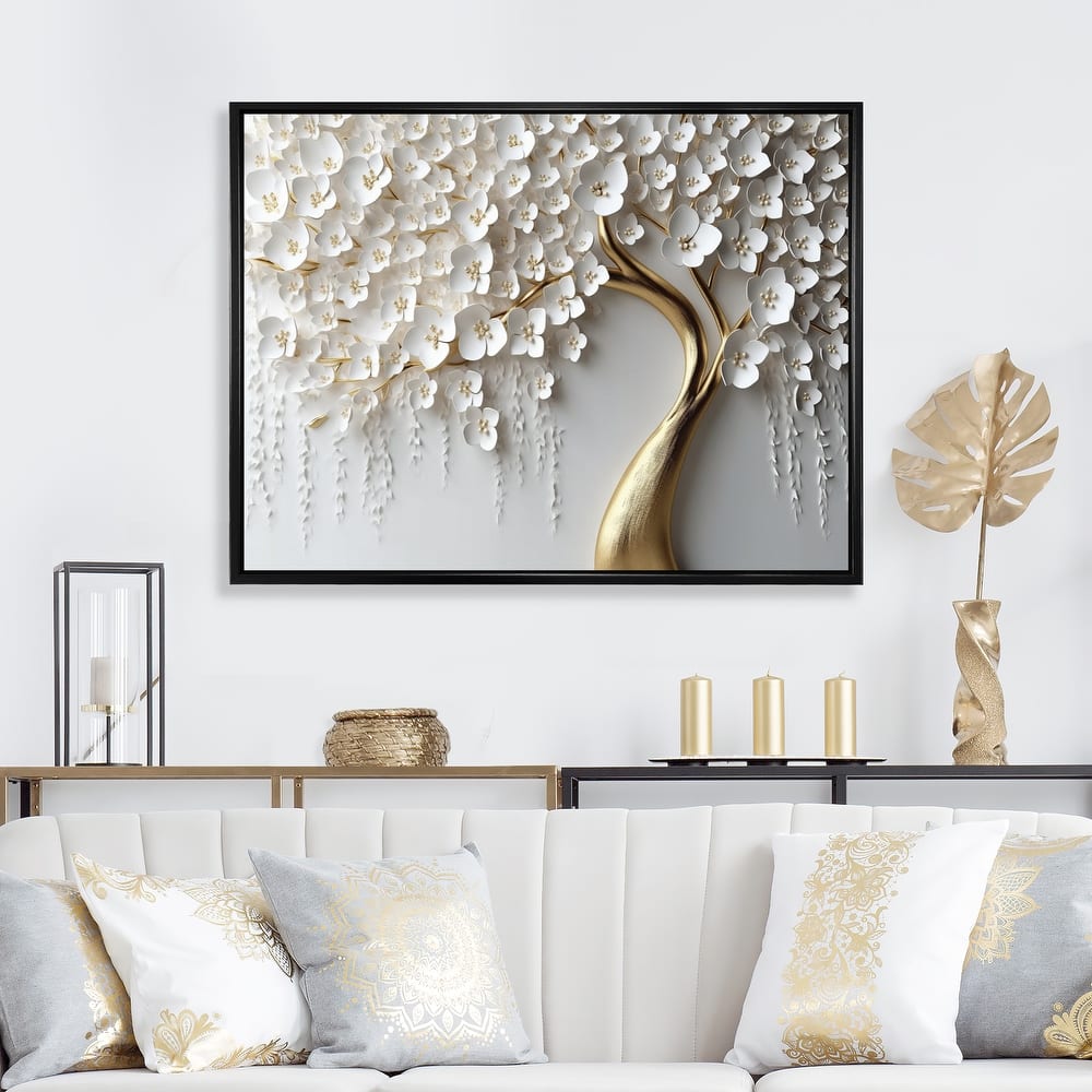 Designart "White Orchid Tree Garden Of Branches Iv" Tree Floral Framed Wall Art For Living Room