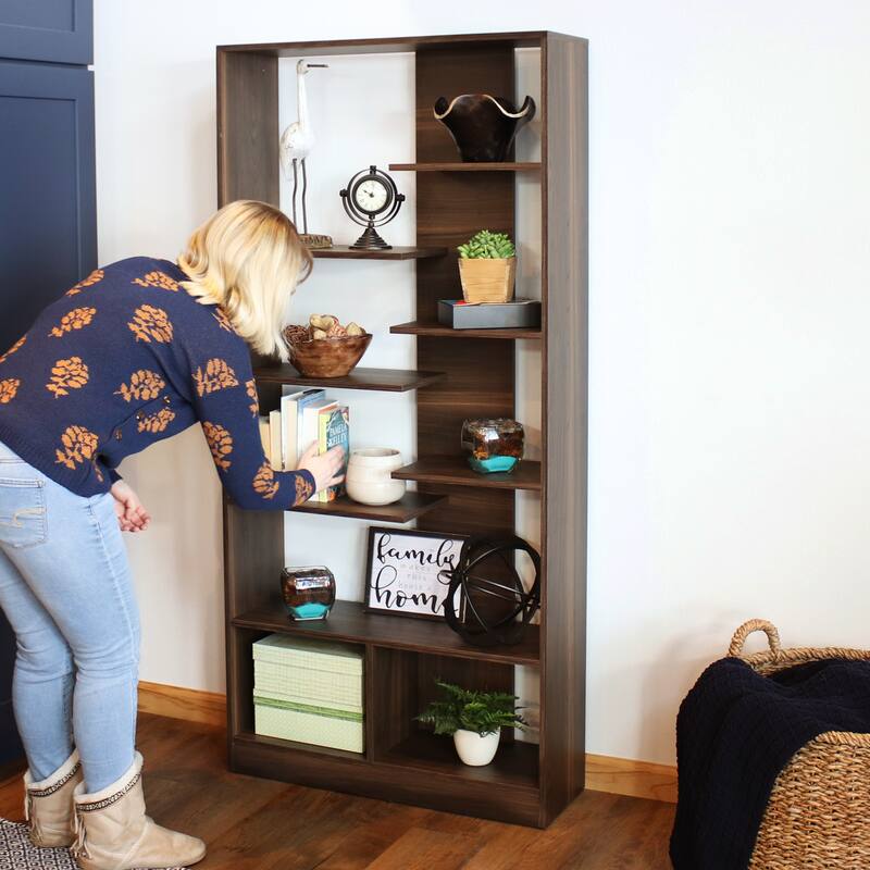 Sunnydaze Rosalee 9-Tier Open Bookshelf with Staggered Shelves