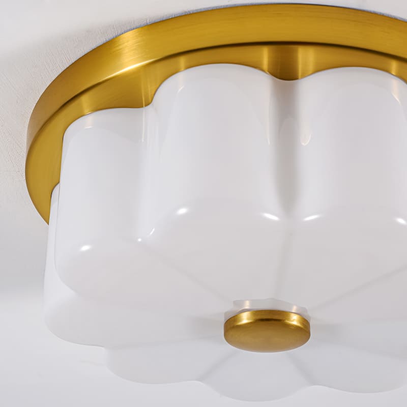 1-Light Brushed Gold Trim Flower-Shaped Frosted Glass LED Flush Mount with 5-Step Dimming for Bedroom & Hallway