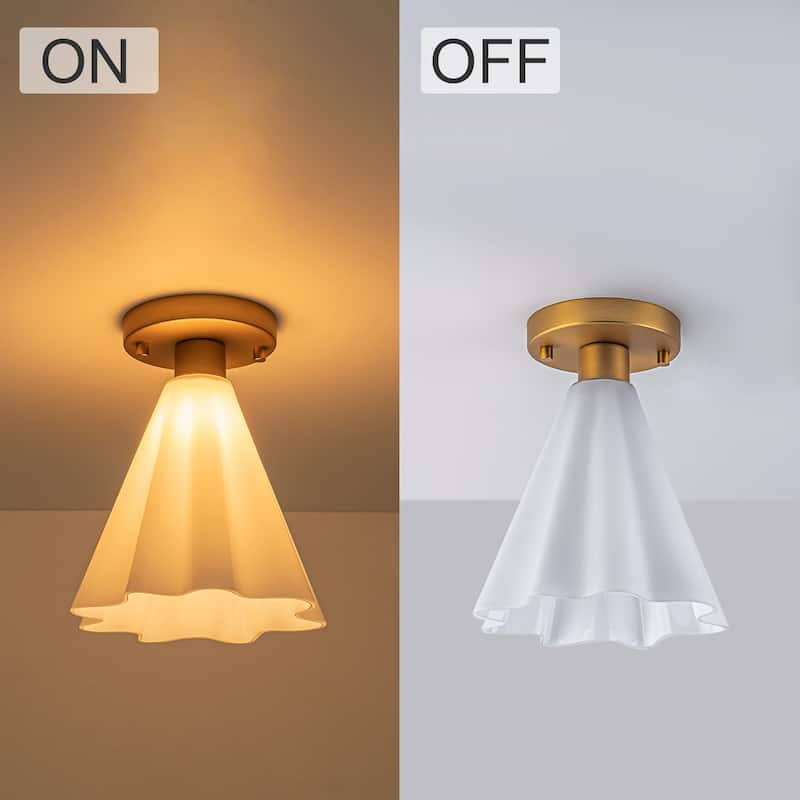 Vintage 1-Light Glass Cone Flush Mount Ceiling Light - Brass