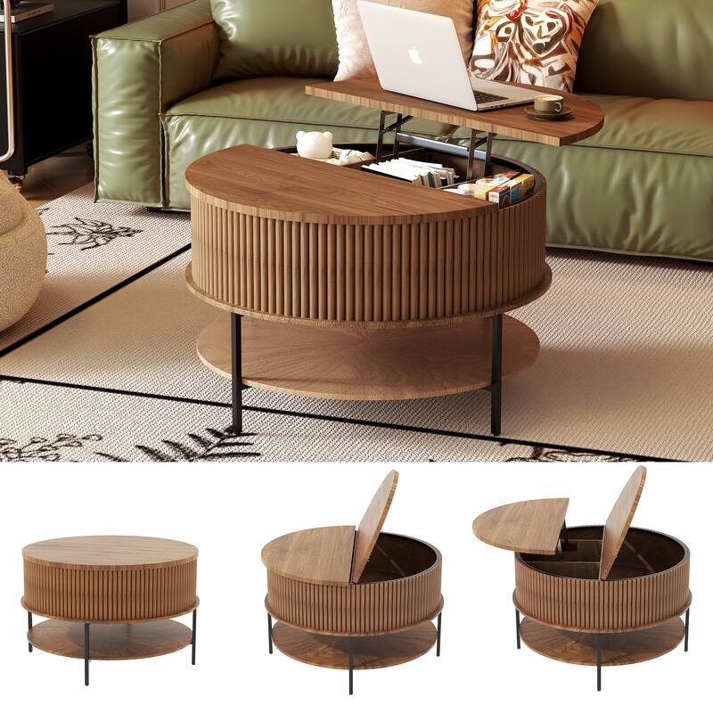 31.5 Inch Farmhouse Brown Lift Top Coffee Table, Round Storage Cocktail Table with Sturdy Steel Legs, for Living Room