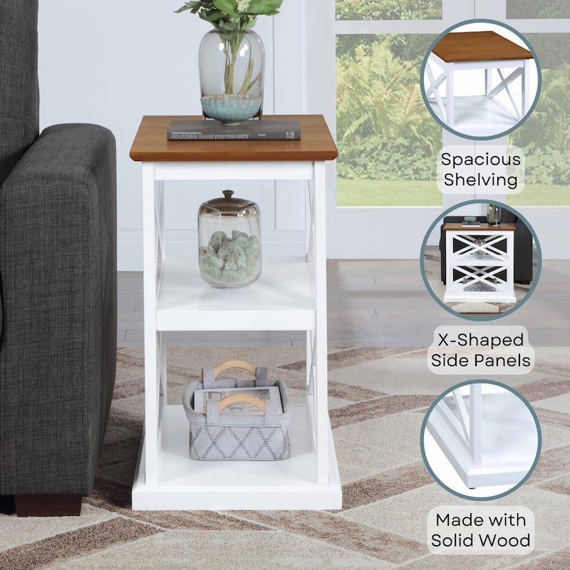 Chairside End Table with Shelves Double X Side Design Three-Tier Display Solid Wood Accent Furniture for Living Room - 14
