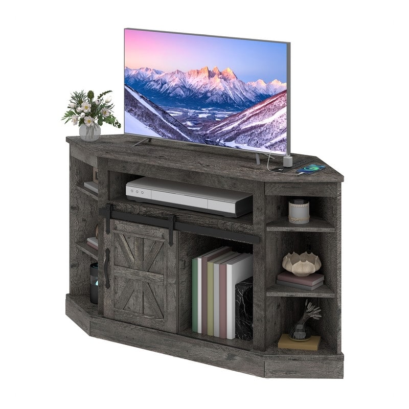 Moasis 47.2" W Corner TV Stand with Power Outlet, Barned-Door Cabinet - Grey