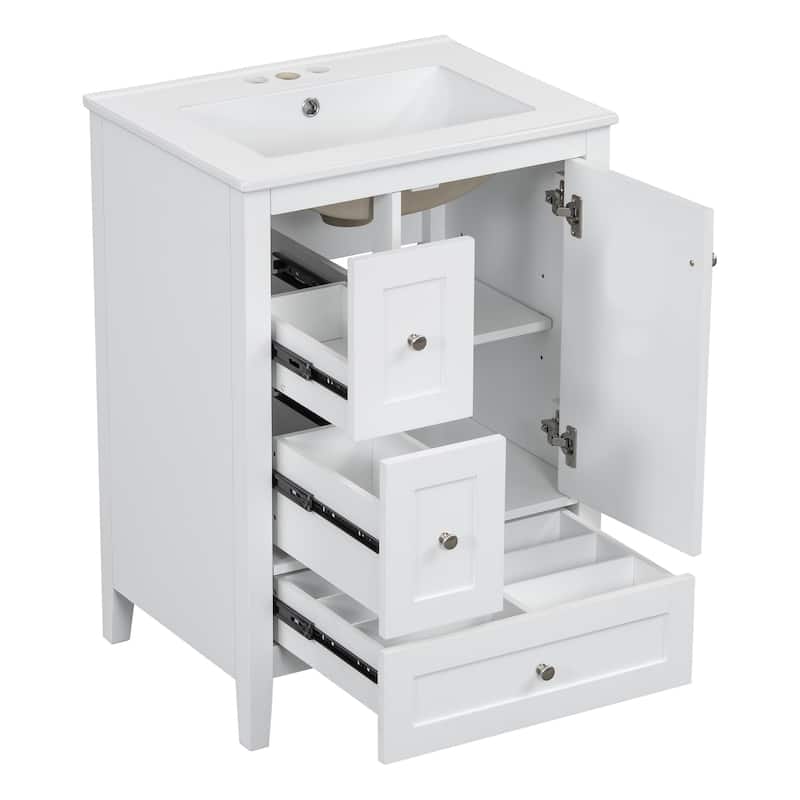 24-Inch Bathroom Vanity with Storage, Adjustable Shelf, MDF & Rubberwood, Removable Dividers