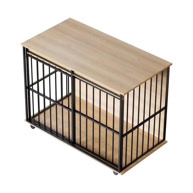 Modern Wooden Dog Crate Furniture, Large Dog Kennel Cage for Medium to Large Dogs, Pet Crate with Sliding Door & Tray