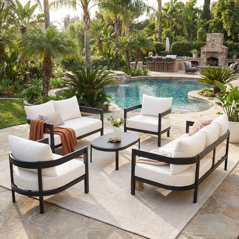 Christopher Knight Home - Modern 5-Piece Outdoor Aluminum Patio Conversation Set with Oval Glass Coffee Table & Cushions