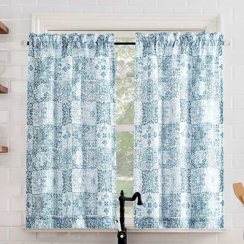 No. 918 Genoa 2-pack Mosaic Semi-Sheer Rod Pocket 2-Piece Kitchen Curtain Tier Pair - 54" x 24" - Blue