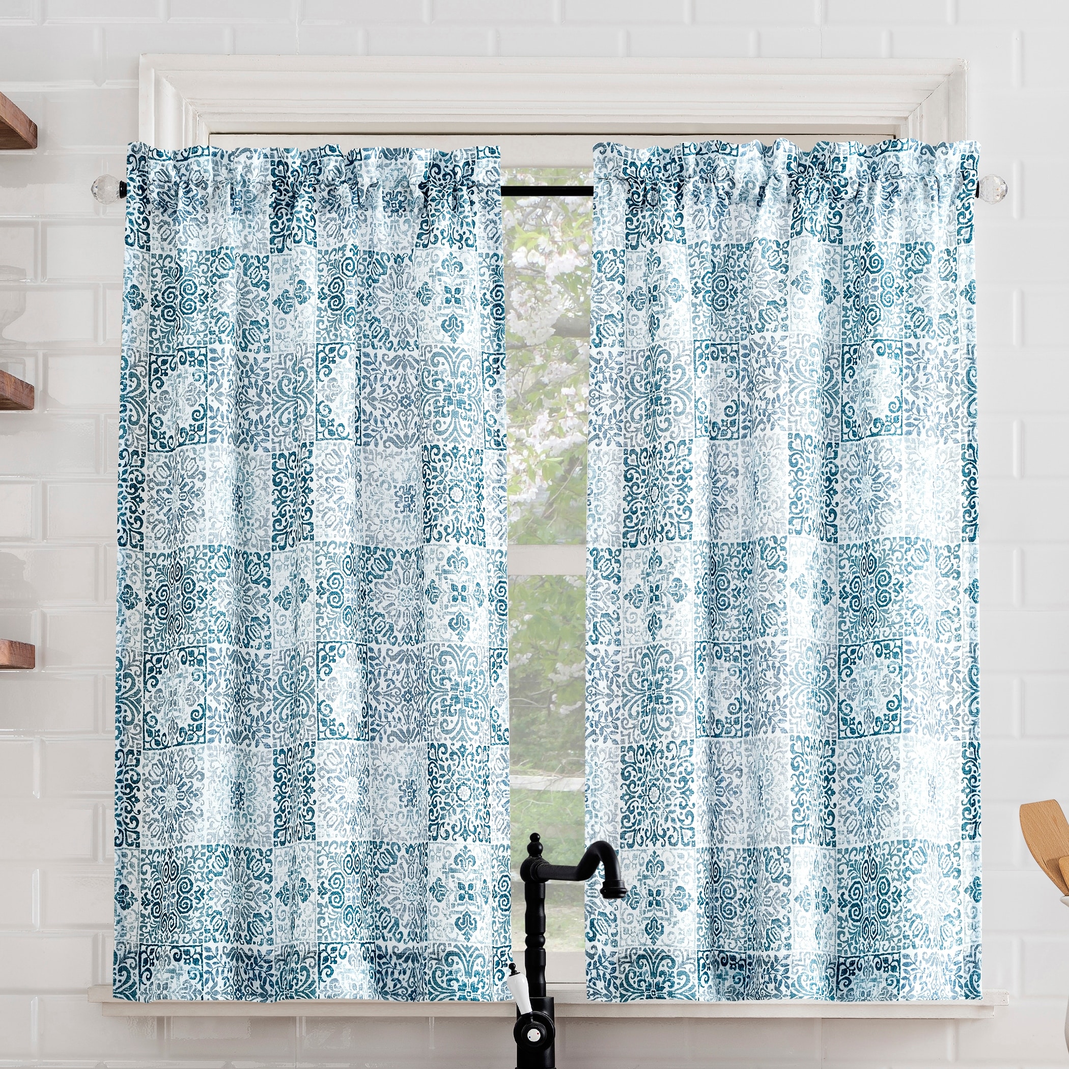 No. 918 Genoa 2-pack Mosaic Semi-Sheer Rod Pocket 2-Piece Kitchen Curtain Tier Pair