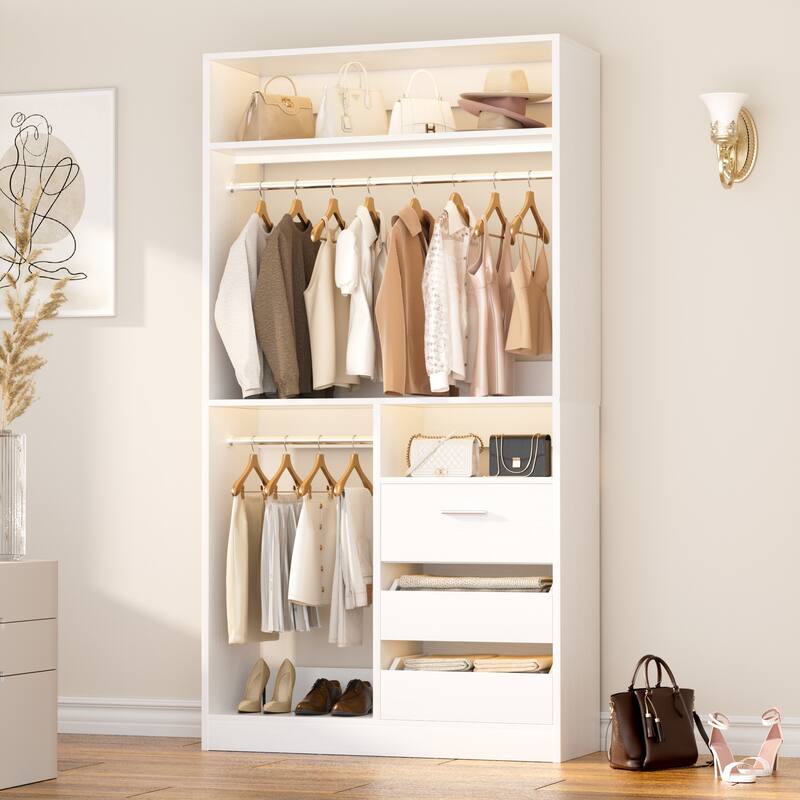 36'' W Freestanding Walk-in Closet Organizer System with 2 Hanging Rods and 3 Wood Drawers