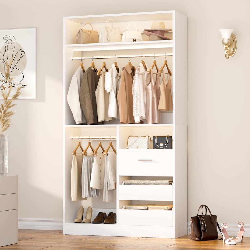 Qvella 36'' W Freestanding Walk-in Closet Organizer System with 2 Hanging Rods and 3 Wood Drawers