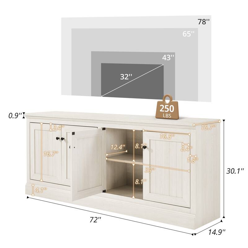 72 Inch Sideboard with Storage Cabinets, Minimalist TV Stand for Living Room, Entryway & Pantry, Dark Walnut