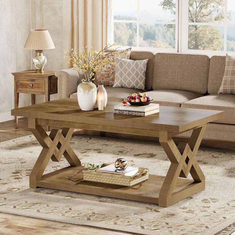 2-Tier Coffee Center Table, 47.24-Inch Farmhouse Rectangle Tea Cocktail Table with Open Storage Shelves - Brown