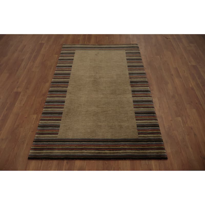 Hand Knotted Oriental 100% Wool Carpet Modern Stripe Brown Nepalese Area Rug - 5' 7'' X 3' 6''