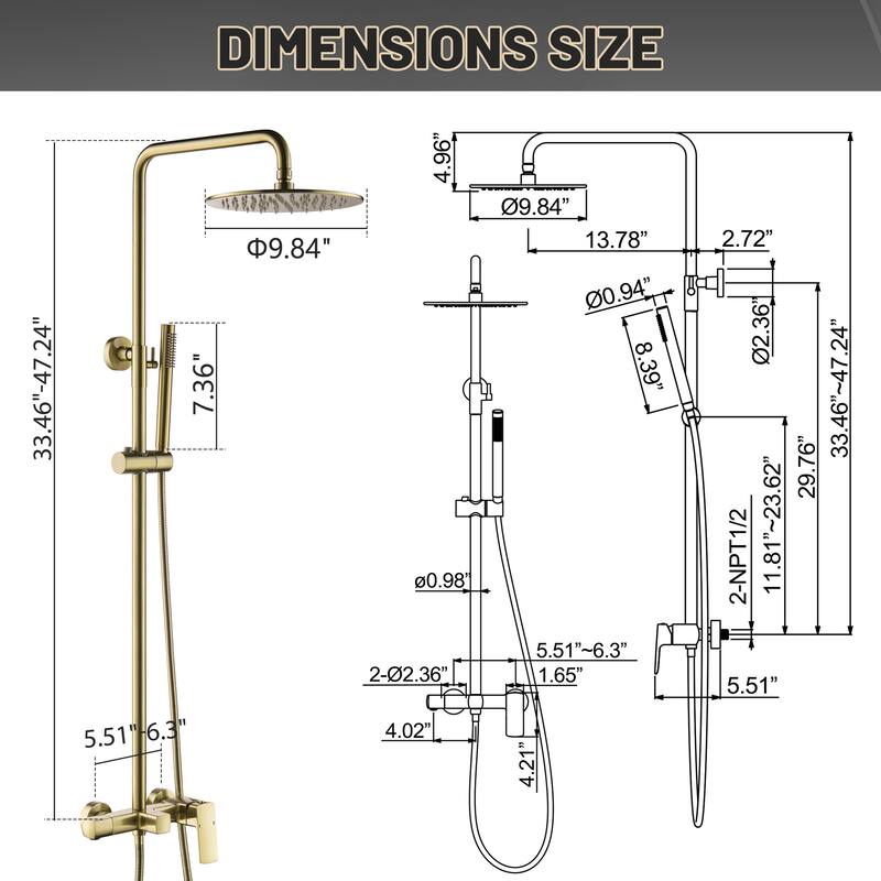 47"H Solid Brass Wall-Mounted Exposed Shower System with Tub Spout (Valve Included)
