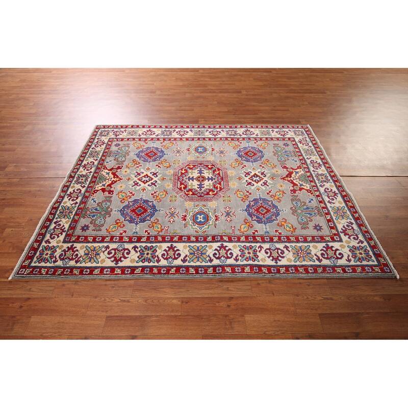 Traditional Grey Kazak Oriental Area Rug Handmade Wool Carpet - 4'11" x 6'8"