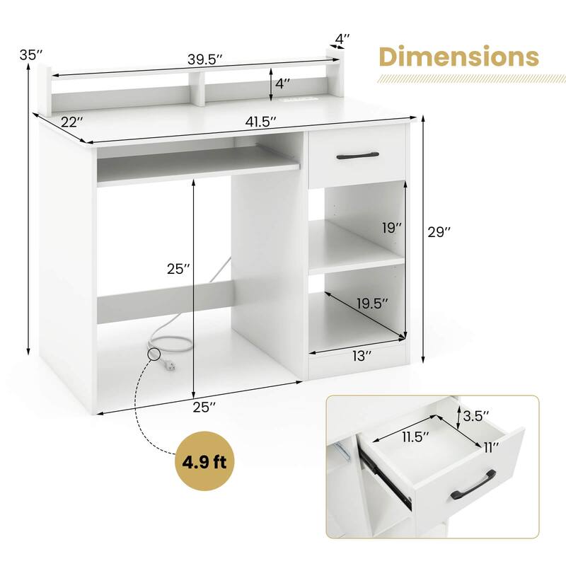 Costway White Computer Desk with Charging Station Drawer Removable & - See Details