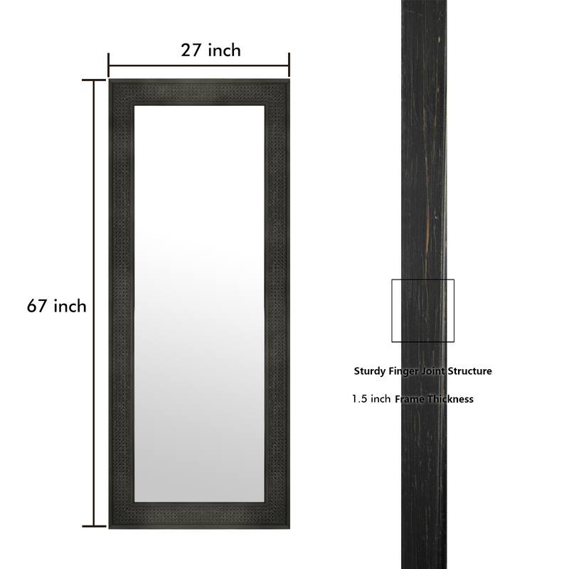 Faux Wooden Frame Rattan Farmhouse Style Rectangle Wall Mirror