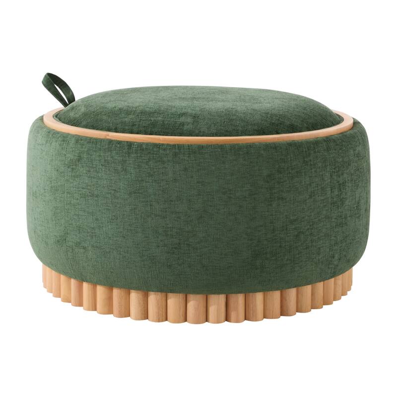 Roomfitters 29 Inch Round Storage Ottoman with Reversible Wooden Tray Top, Upholstered Coffee Table for Living Room