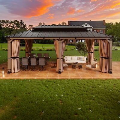 12X20FT Outdoor Wood Frame Patio Gazebo, Metal Pavilion with Curtain and Netting