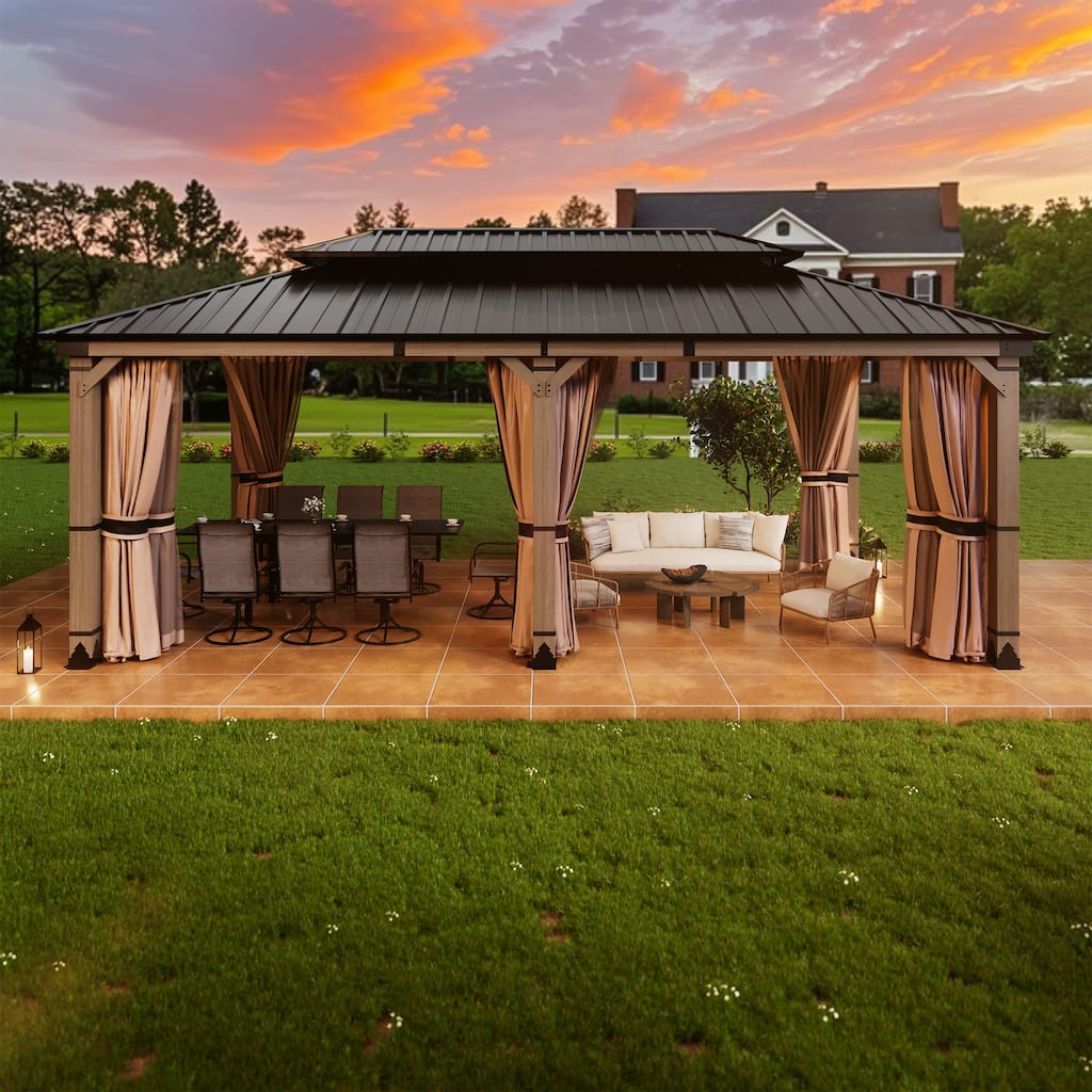 12X20FT Outdoor Wood Frame Patio Gazebo, Metal Pavilion with Curtain and Netting