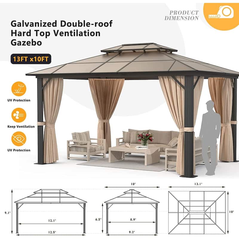 Hardtop Gazebo 10×12FT, Outdoor Double Roof Aluminum Furniture