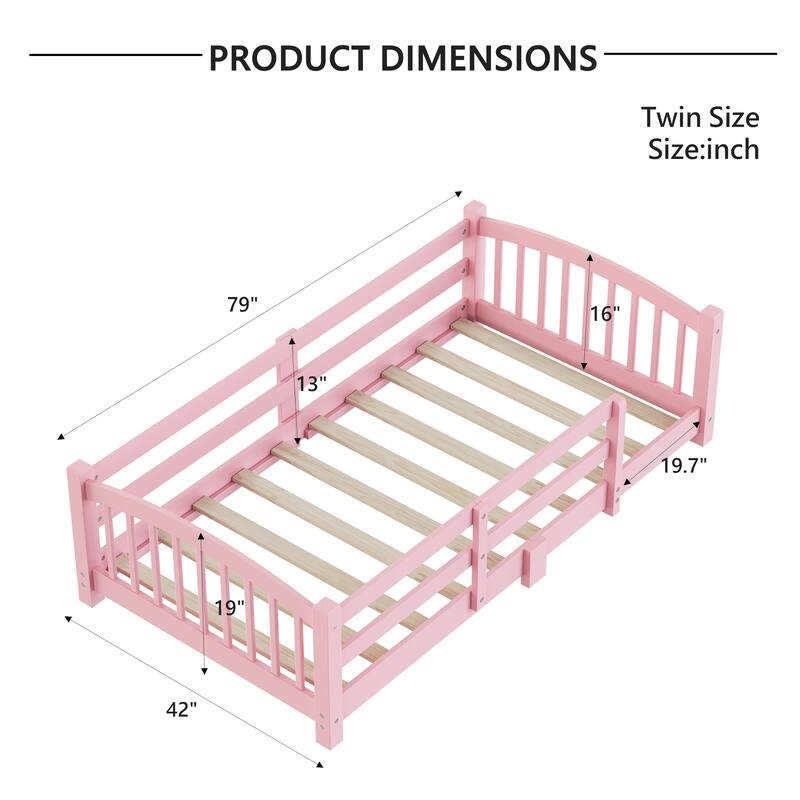 Montessori Floor Bed with Fence - Full/Twin Solid Wood, Slats & Safety Guardrails, Easy Assemble